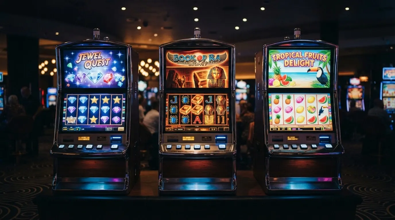 Les écrans de trois machines à sous populaires — Starburst, Book of Dead et Gates of Olympus — alignés avec leurs symboles emblématiques visibles