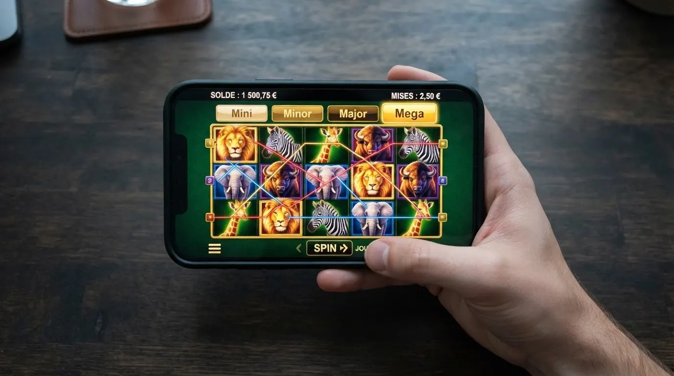 Capture de l'écran de jeu Mega Moolah affichant les cinq rouleaux, les 25 lignes de paiement et les quatre niveaux de jackpot progressif
