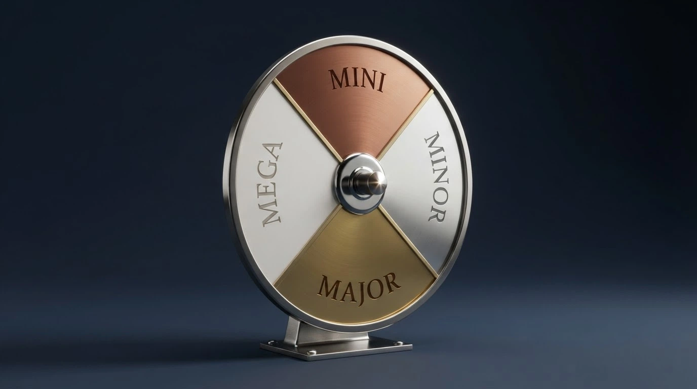 Représentation de la roue des jackpots Mega Moolah avec ses quatre segments colorés Mini, Minor, Major et Mega