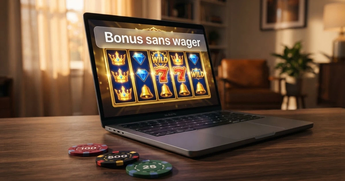 Page d'accueil d'un casino en ligne mettant en avant une offre de bonus sans condition de mise, avec des icônes de machines à sous en arrière-plan