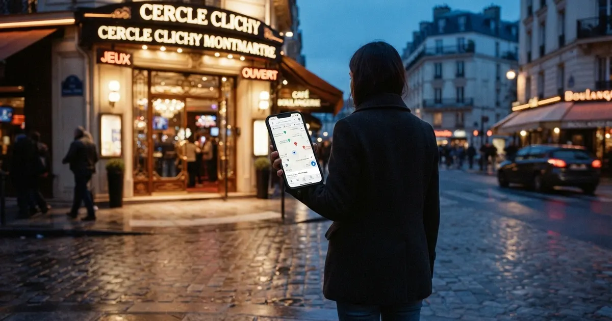 Un joueur consulte une carte sur son téléphone devant l'entrée d'un établissement de jeux parisien, enseigne lumineuse en arrière-plan.