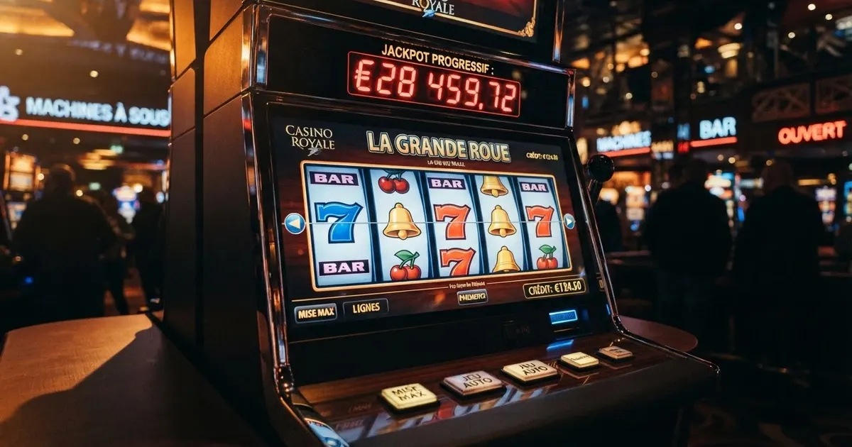 Rouleaux d'une machine à sous avec symboles alignés et jackpot progressif affiché en haut de l'écran, dans une interface de casino en ligne