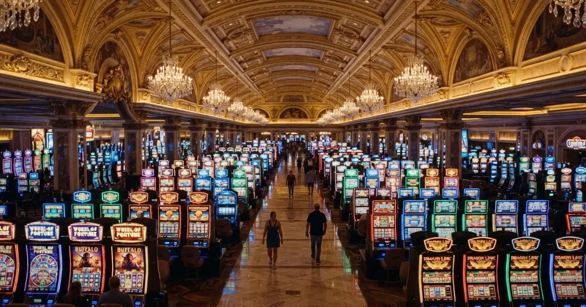 Une salle de casino monumentale avec des rangées de machines à sous s'étendant à perte de vue sous des plafonds ornés