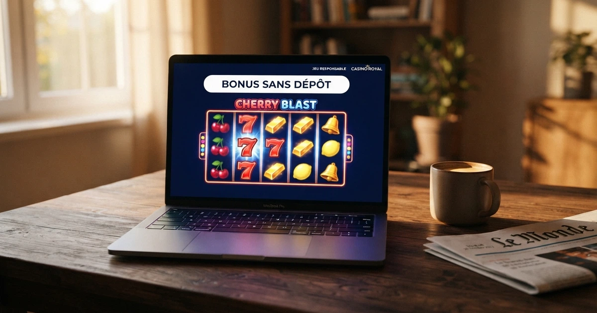 Une interface de casino en ligne affichée sur un écran d'ordinateur, avec des rouleaux de machines à sous et une bannière « bonus sans dépôt »