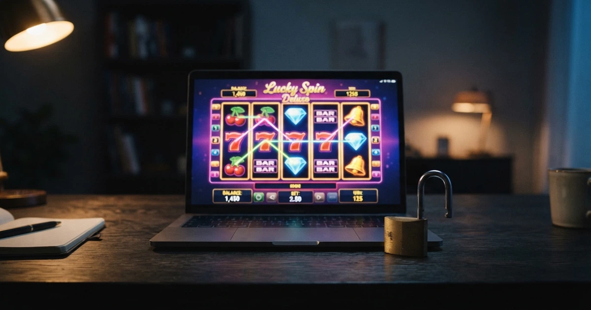 Une interface de casino en ligne sur un écran d'ordinateur, avec des machines à sous colorées et un cadenas symbolisant la notion de licence et de sécurité.