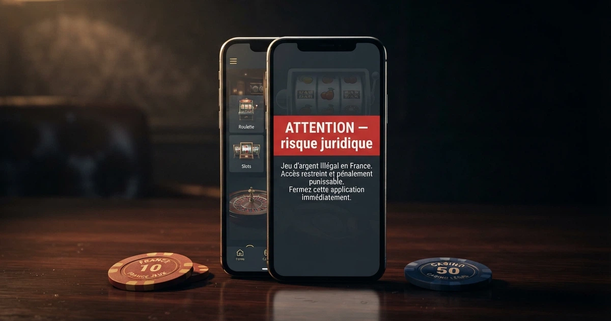 Un smartphone Android affichant un écran partagé entre une application de casino bloquée et un bandeau d'avertissement légal