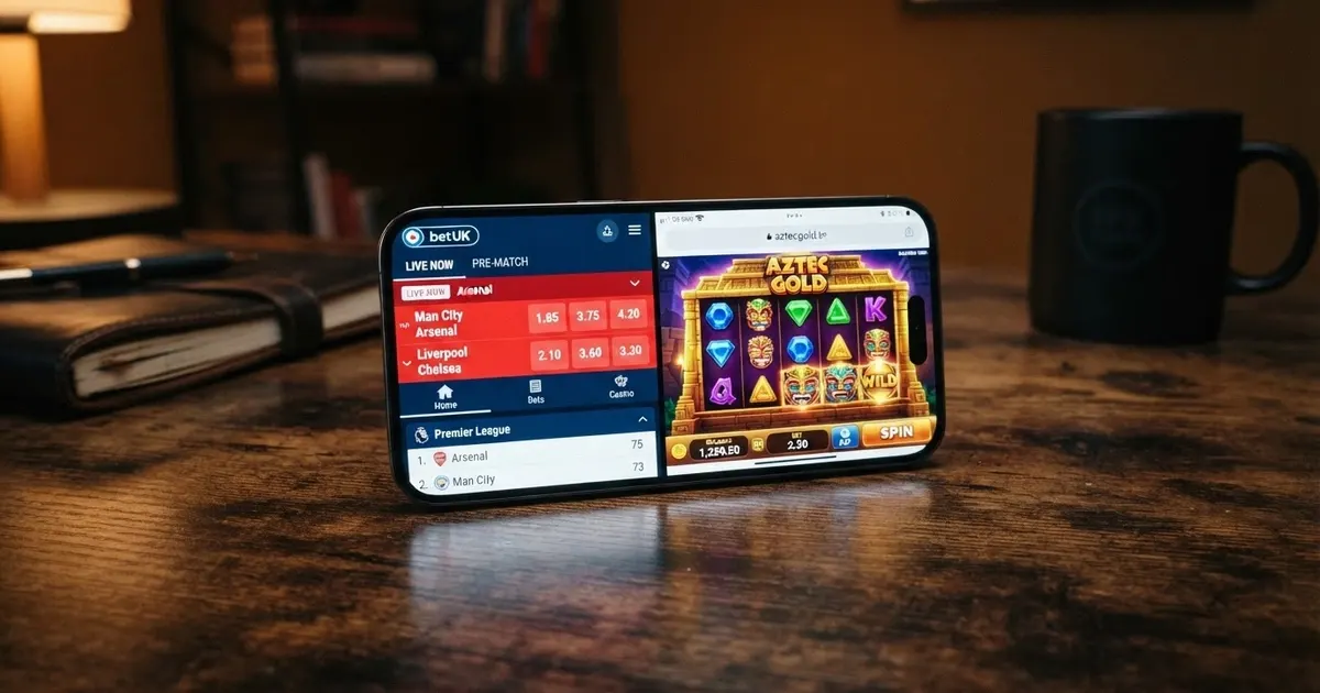 Un écran d'iPhone affichant côte à côte l'App Store français (apps de paris sportifs agréées) et Safari ouvert sur un casino offshore