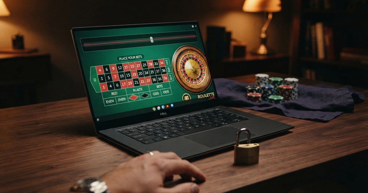 Écran d'ordinateur affichant une interface de casino en ligne avec une jauge de vérification d'identité barrée, des symboles de cryptomonnaies en arrière-plan, et un cadenas ouvert.