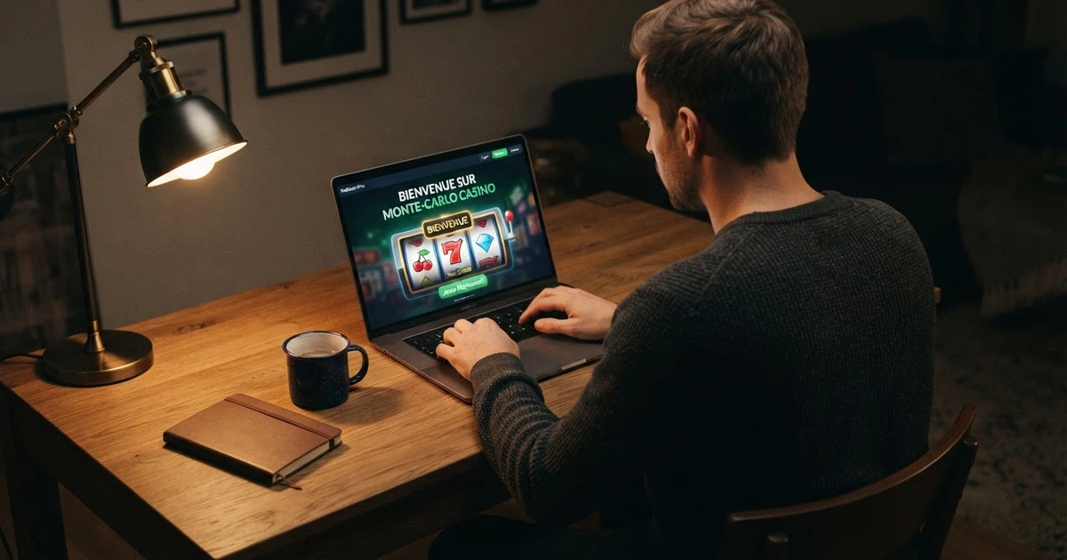 Un joueur assis devant un écran d'ordinateur affichant une interface de casino en ligne, sans document d'identité ni justificatif sur le bureau, l'écran montrant un message de bienvenue après inscription