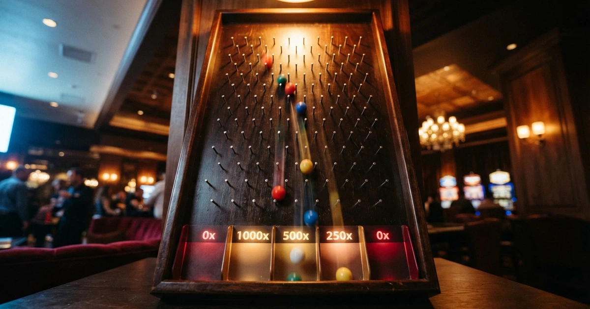 Plateau de Plinko avec des billes de couleur tombant entre les tiges vers les slots multiplicateurs
