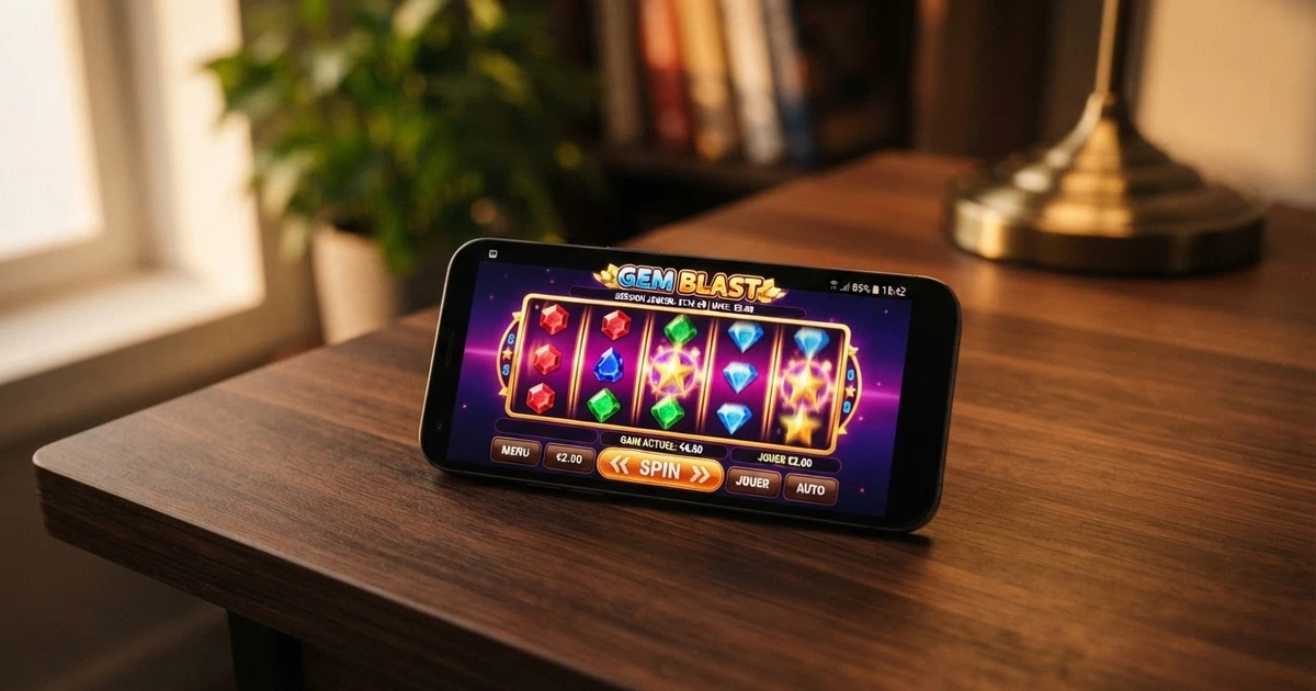 Écran de smartphone affichant une machine à sous en ligne colorée, avec des rouleaux de symboles et l'interface de jeu visible