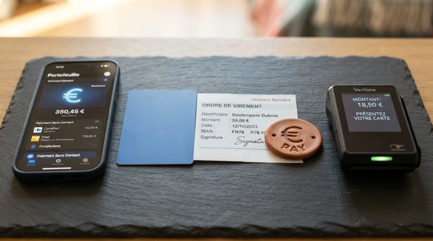 Plusieurs moyens de paiement disposés en éventail — portefeuille électronique, carte bancaire, téléphone affichant une application de paiement, virement bancaire