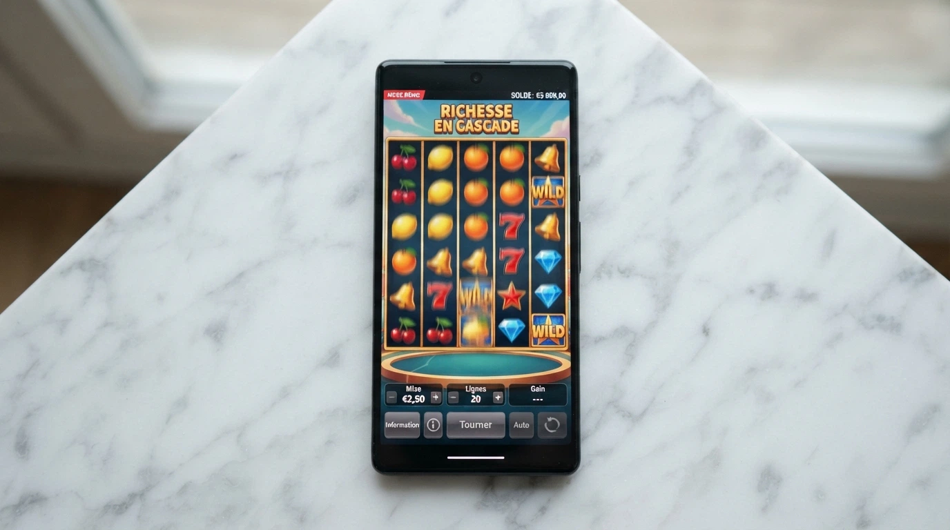 Un écran de machine à sous 5 rouleaux en mode démonstration, avec un solde de crédits virtuels affiché en haut, les rouleaux en mouvement, et l'indication « Mode démo » visible