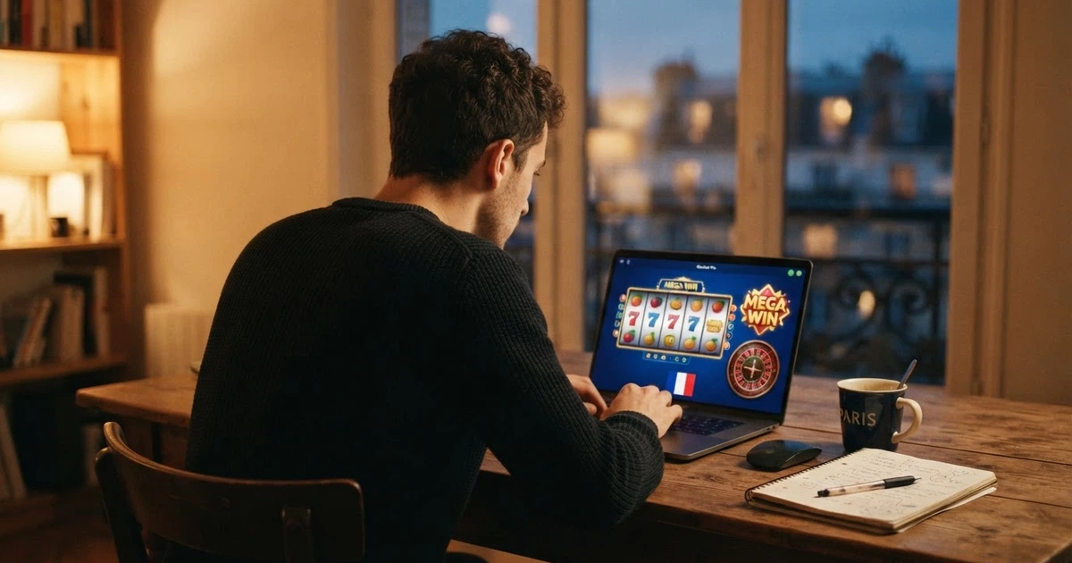 Un joueur français consultant une liste de casinos en ligne sur son écran, l'air concentré, avec le drapeau français visible en arrière-plan
