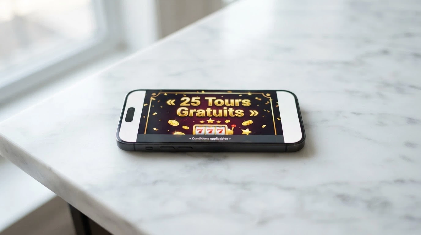 Capture d'écran d'une page promotionnelle de casino affichant une offre de 25 tours gratuits, avec les conditions en petits caractères visibles