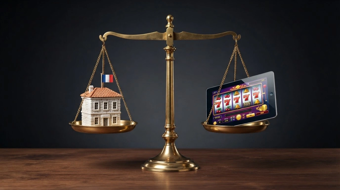Une balance symbolique : d'un côté un bâtiment officiel français, de l'autre un écran affichant un casino en ligne aux couleurs d'une licence étrangère.