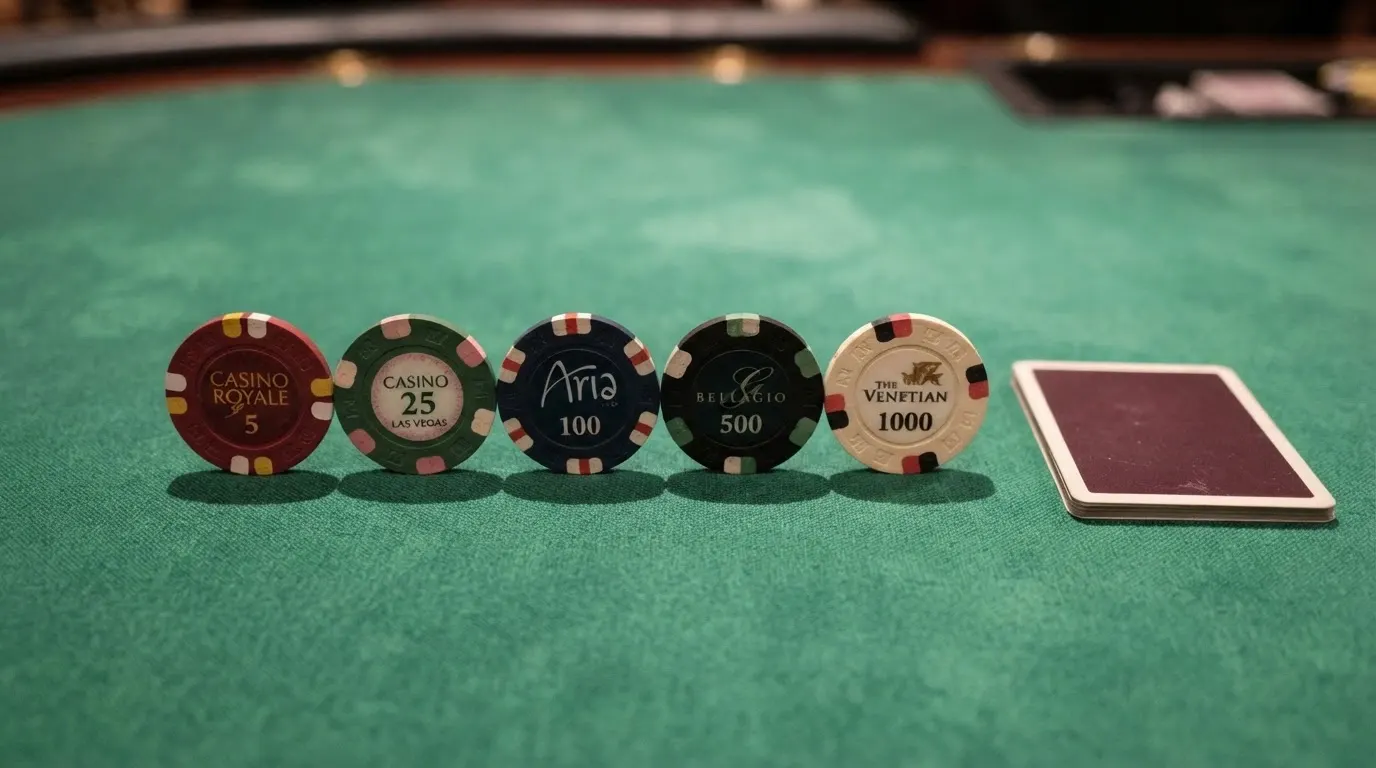 Une rangée de jetons de casino alignés, chacun portant le logo d'un opérateur différent, sur un tapis de jeu vert