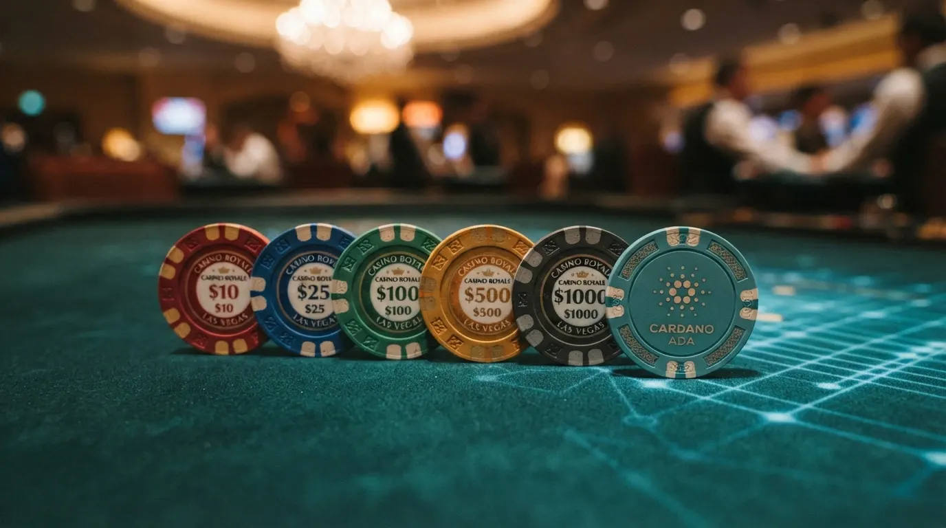 Rangée de jetons de casino virtuels portant les logos des cryptomonnaies acceptées, dont le logo ADA de Cardano en évidence, disposés sur un tapis de jeu