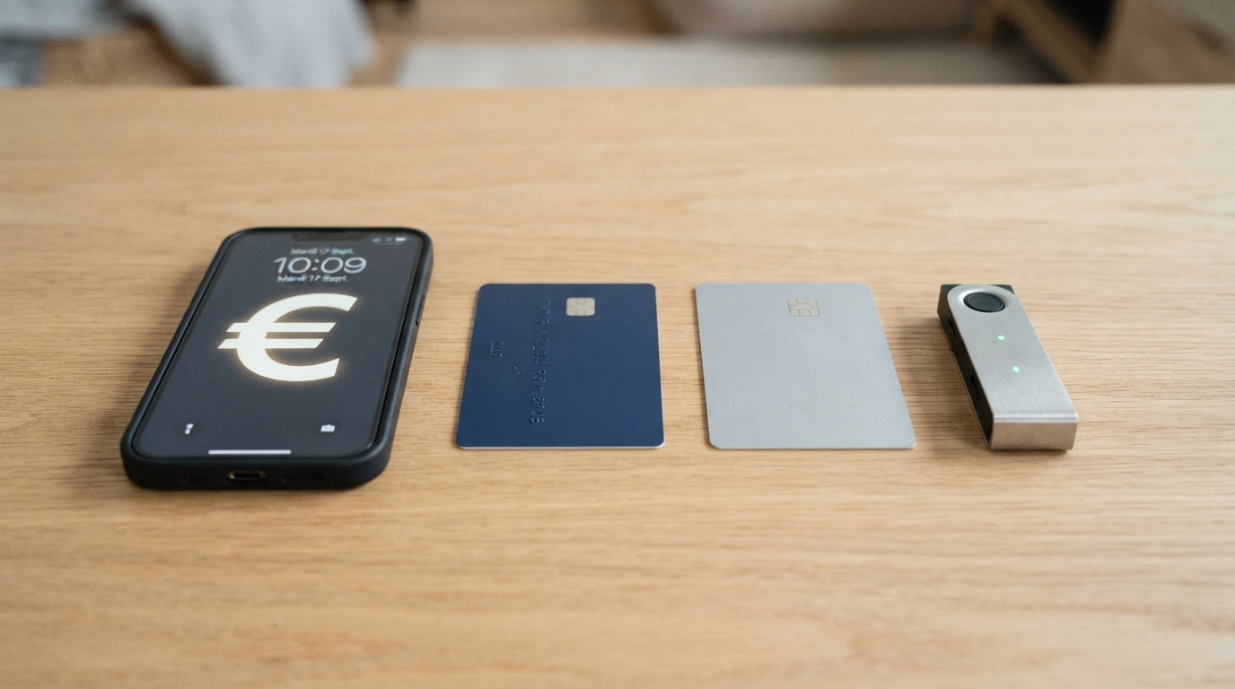 Un smartphone posé à côté de cartes bancaires et d'un portefeuille de cryptomonnaie sur une table