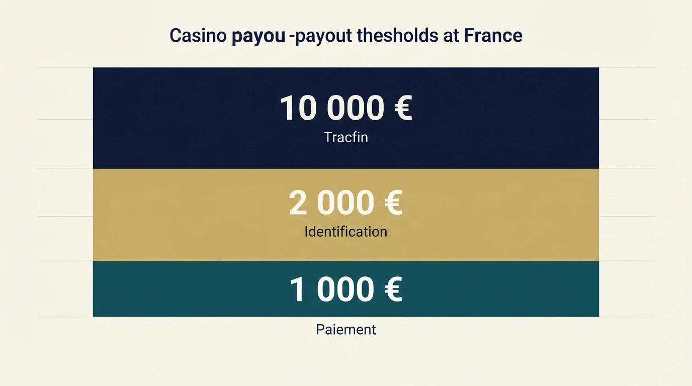 Un guichet de casino affichant les montants plafonds — 1 000 €, 2 000 € et 10 000 € — sous forme de seuils empilés