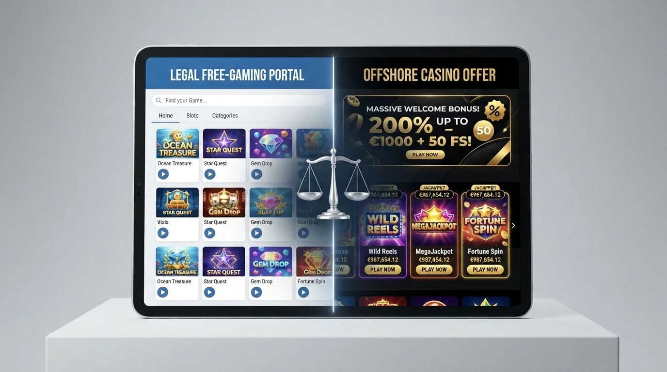 Écran partagé montrant à gauche un portail de jeux gratuits sans inscription et à droite l'interface d'un casino offshore avec bonus d'accueil