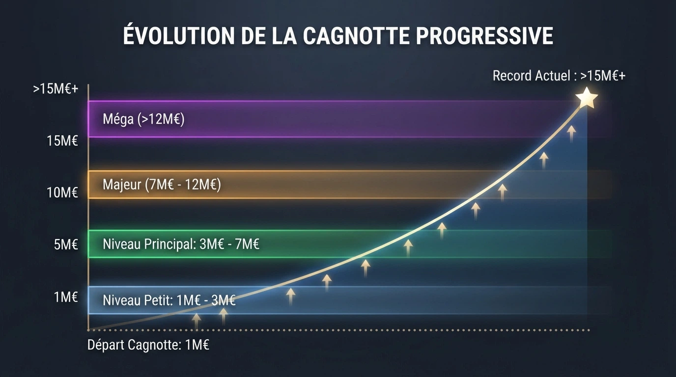 Graphique ou illustration montrant l'évolution d'une cagnotte progressive de son seed value à un gain record, avec les paliers des quatre niveaux de jackpot
