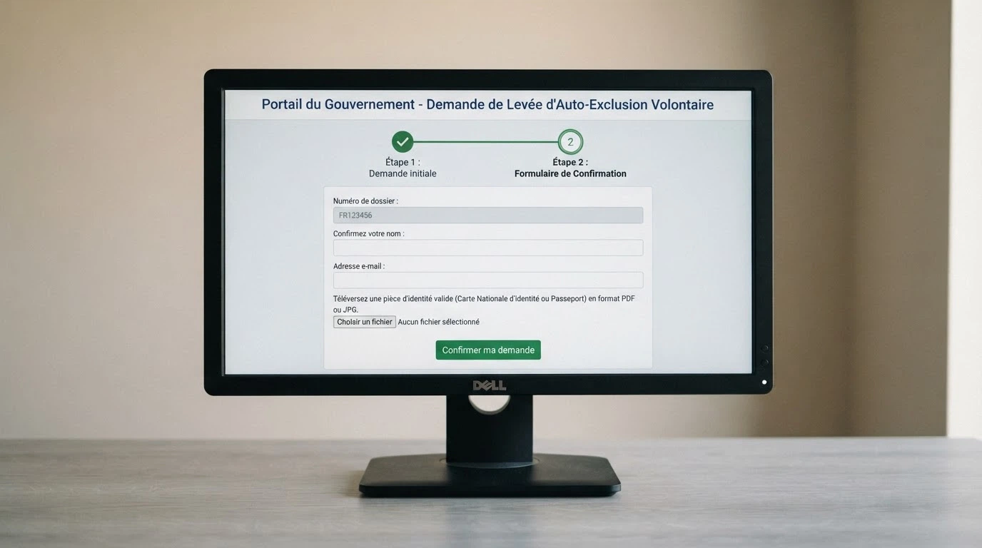 L'interface du portail interdictiondejeux.anj.fr affichée sur un écran d'ordinateur, avec un formulaire en cours de remplissage.