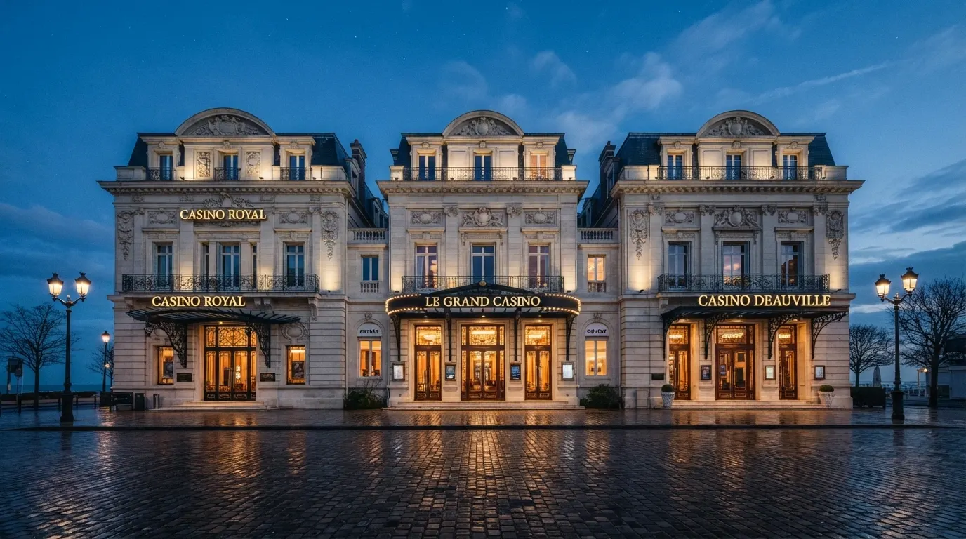 Les façades de trois casinos terrestres français (Barrière, Partouche, JOA) avec leurs logos et cartes de fidélité