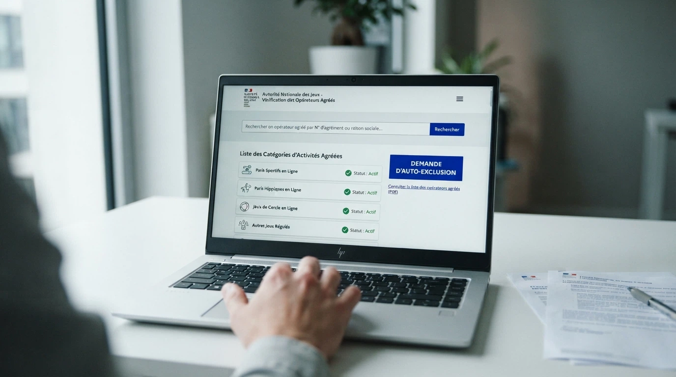 Interface du site de l'ANJ montrant la liste des opérateurs agréés et le dispositif d'auto-exclusion IVJ