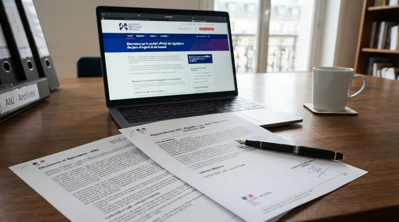 Un bureau avec des documents officiels relatifs à la régulation des jeux d'argent, un ordinateur affichant le site de l'ANJ en arrière-plan