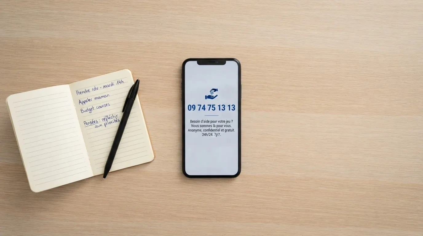Un téléphone posé à côté d'un carnet, avec les logos de Joueurs Info Service et SOS Joueurs visibles sur l'écran du téléphone
