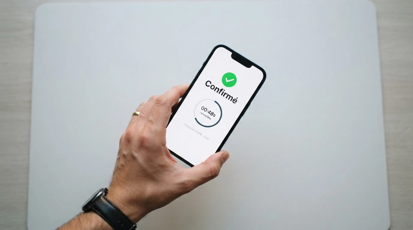 Un smartphone affichant une transaction blockchain confirmée avec le statut « succès » et un chronomètre indiquant moins d'une minute