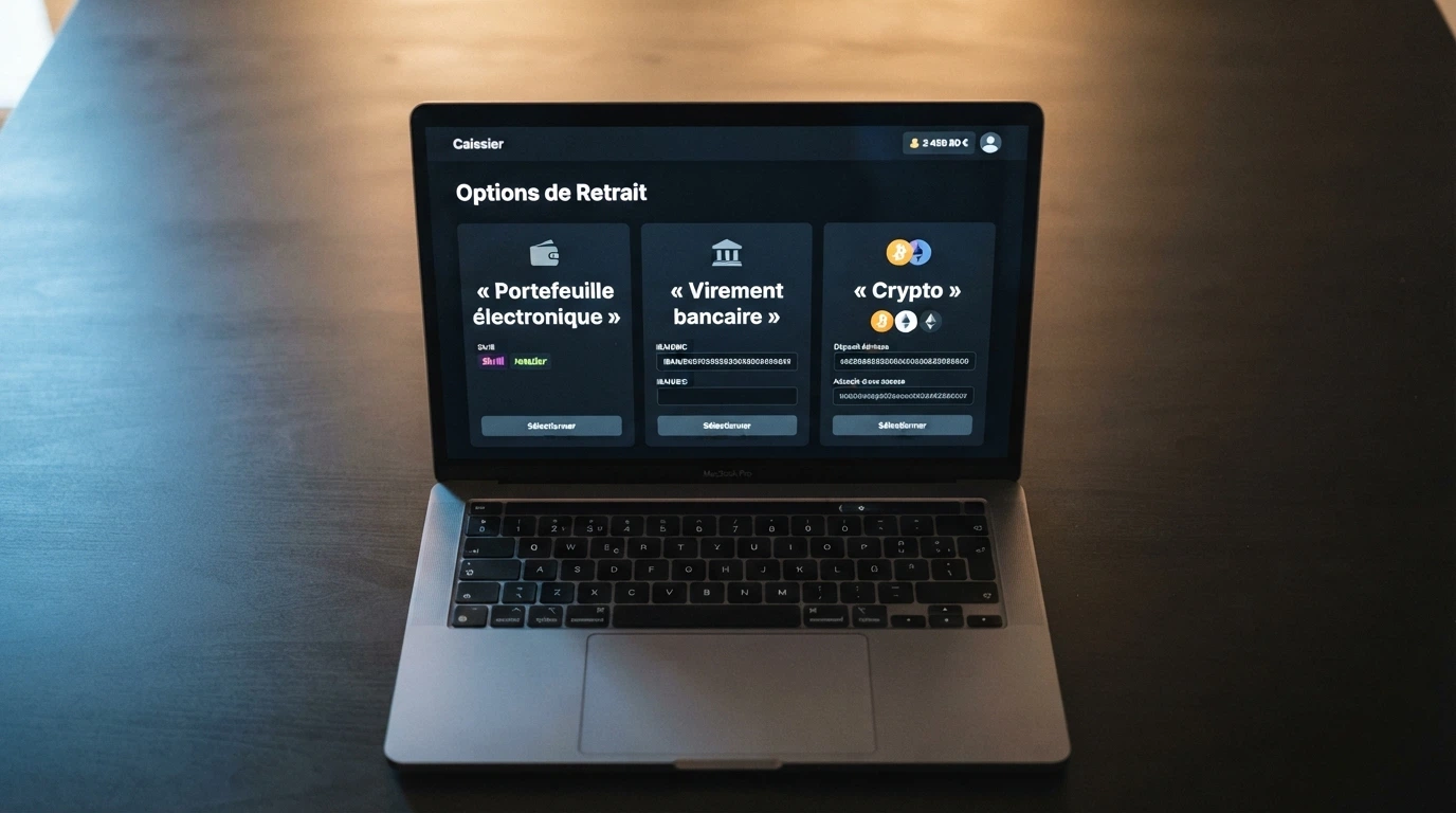Écran de caisse d'un casino en ligne affichant les options de retrait : portefeuille électronique, virement bancaire et crypto