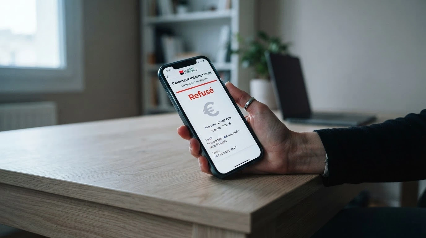 Une main tenant une carte Visa devant un écran de banque en ligne affichant une transaction refusée, avec le symbole euro barré