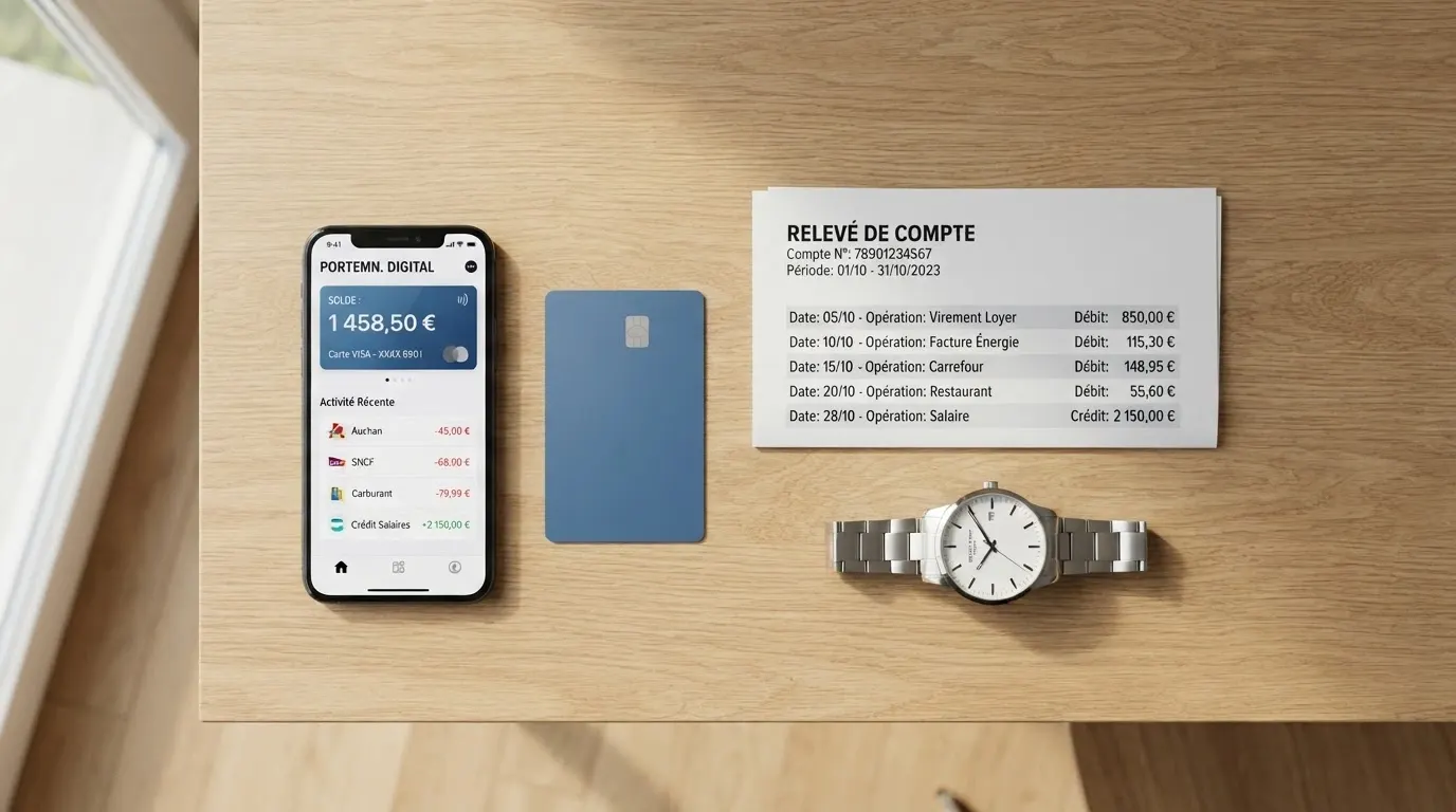 Un portefeuille électronique, une carte bancaire et un relevé bancaire disposés sur un bureau, avec une montre indiquant les délais