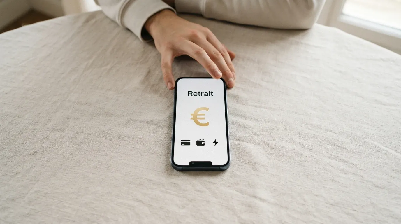 Une main saisissant des billets sortant d'un écran de smartphone affichant une interface de retrait, avec plusieurs icônes de méthodes de paiement à côté