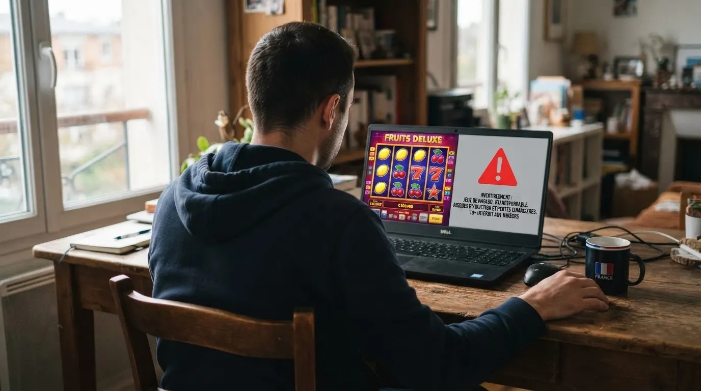 Un joueur français face à un écran partagé entre un casino en ligne attrayant et un panneau d'avertissement symbolisant l'absence de protection ANJ