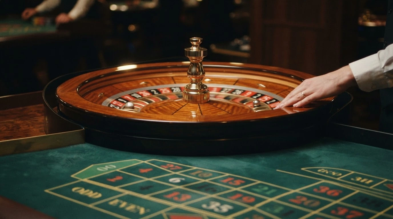 Table de roulette en direct avec croupier réel : gros plan sur le cylindre en rotation, interface de mise affichant les numéros et les statistiques