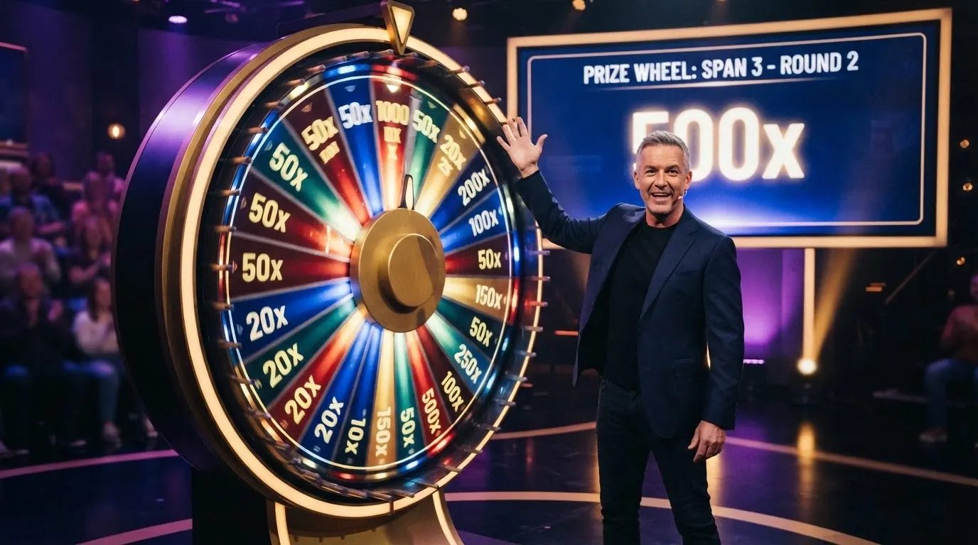 Une roue de Crazy Time en studio live, le présentateur debout à côté, écran multiplicateur allumé en arrière-plan