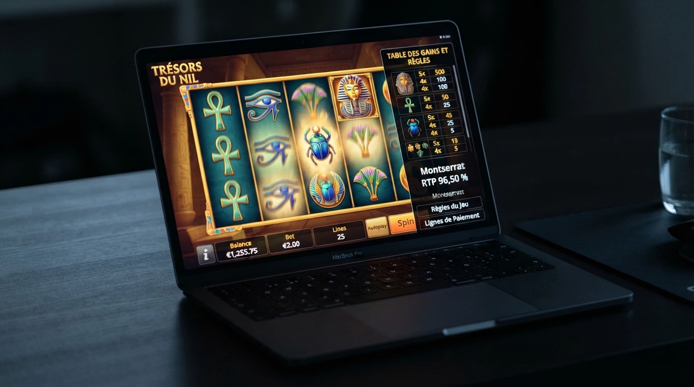 Capture d'écran d'une machine à sous en ligne affichant son tableau de paiement avec le pourcentage de RTP visible dans les règles du jeu