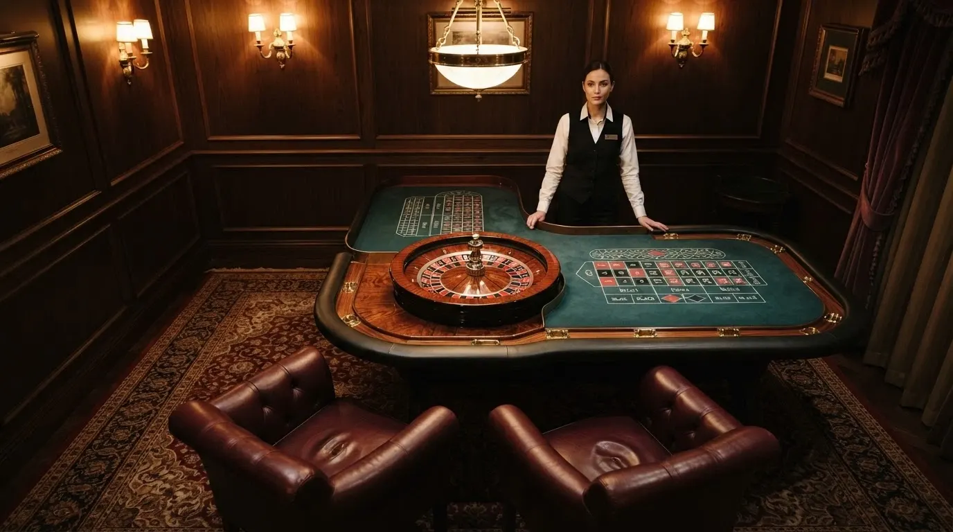 Salon privé de casino VIP avec table de jeu, croupier en tenue et fauteuils réservés