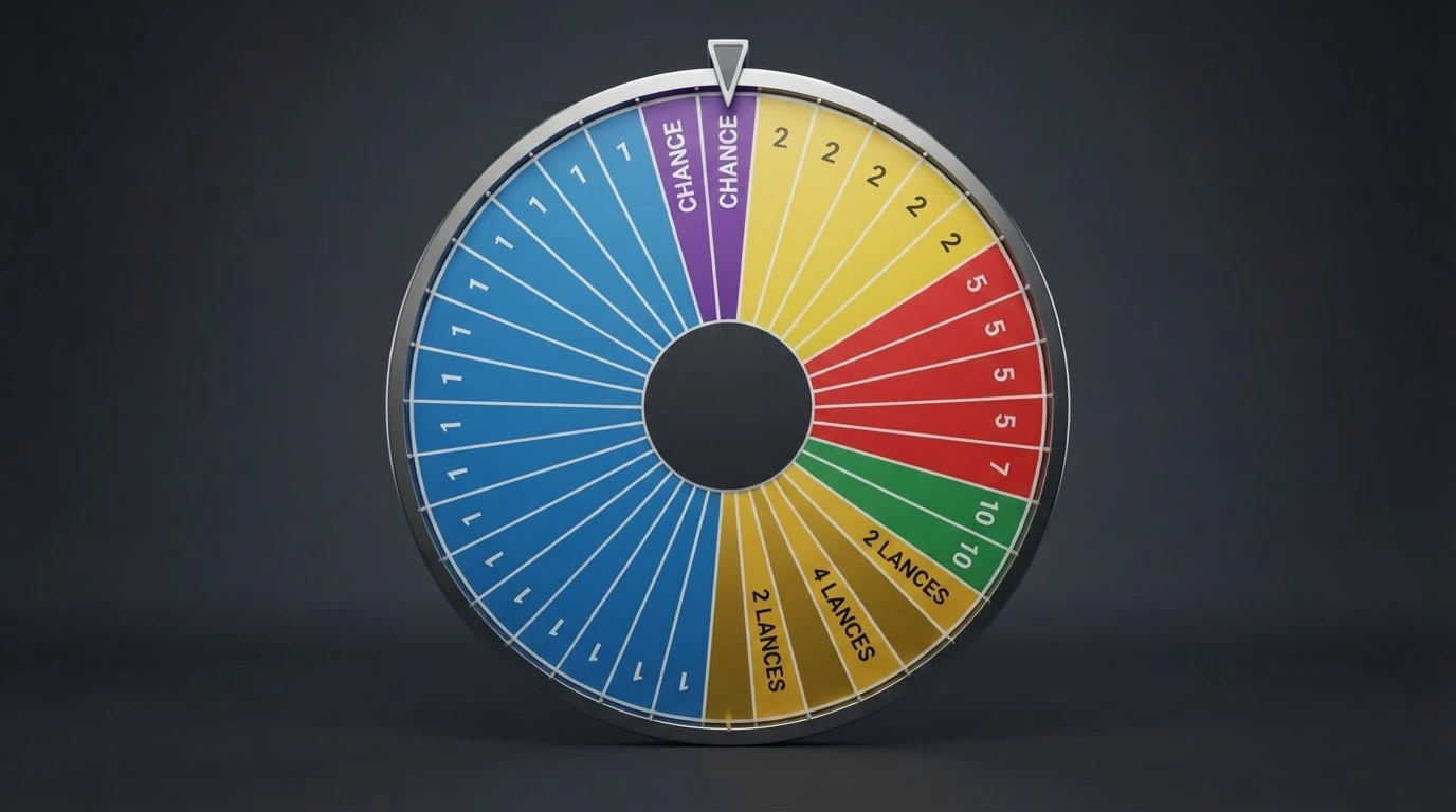 Les 54 segments de la roue Monopoly Live : cases numérotées 1, 2, 5 et 10, segments bonus 2 Rolls et 4 Rolls, et cases Chance