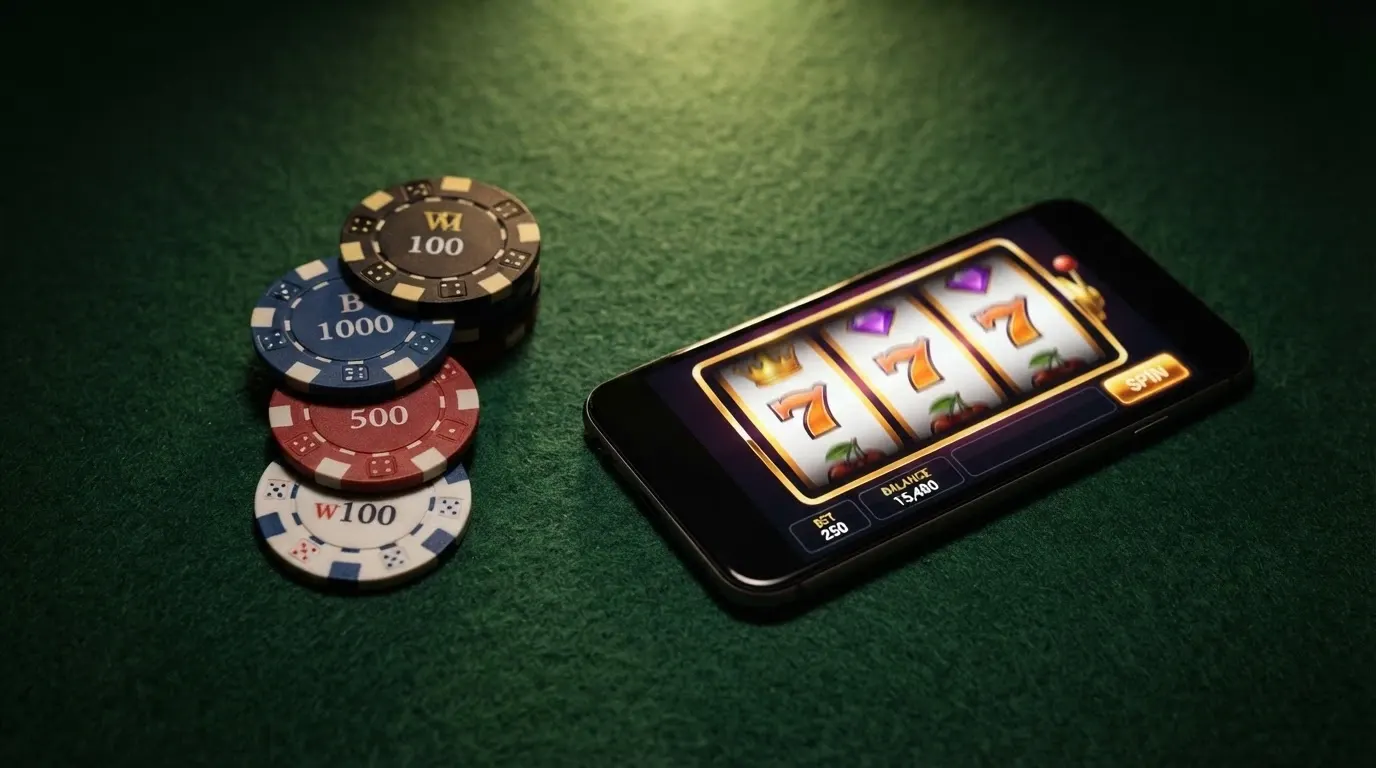 Quatre pièces de monnaie empilées (1 €, 5 €, 10 €, 20 €) à côté d'un écran affichant une interface de casino en ligne