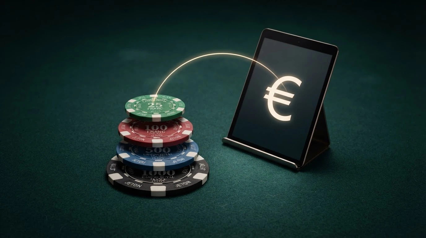 Quatre pièces de monnaie empilées (5 €, 10 €, 15 €, 20 €) à côté d'un écran affichant une page de dépôt de casino, une flèche SEPA reliant la pile à l'écran
