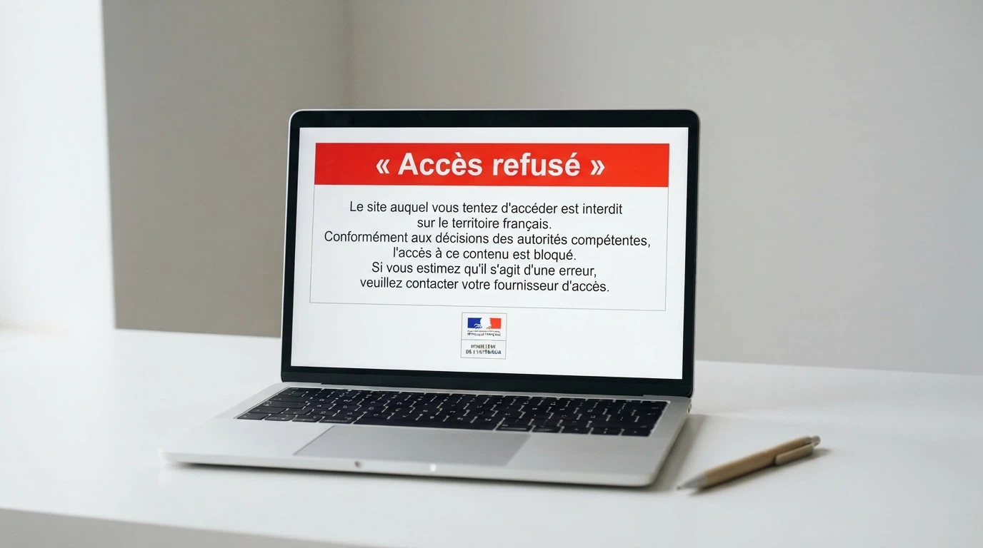 Écran affichant un message d’avertissement de blocage sur un site de casino, avec le logo de l’ANJ visible en haut de page