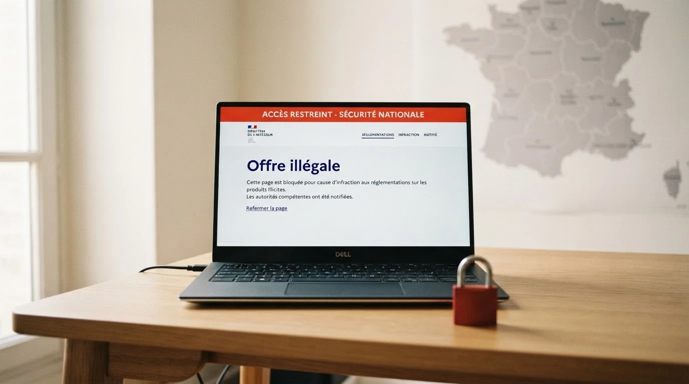 Un écran affichant le site de l'ANJ avec la mention « offre illégale » en surimpression, un cadenas rouge et une carte de France en fond