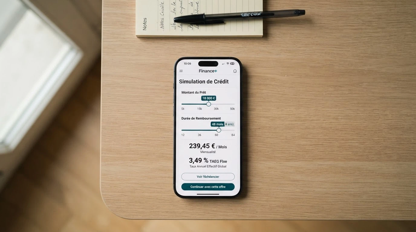 Interface de simulateur de crédit avec les curseurs de montant et de durée