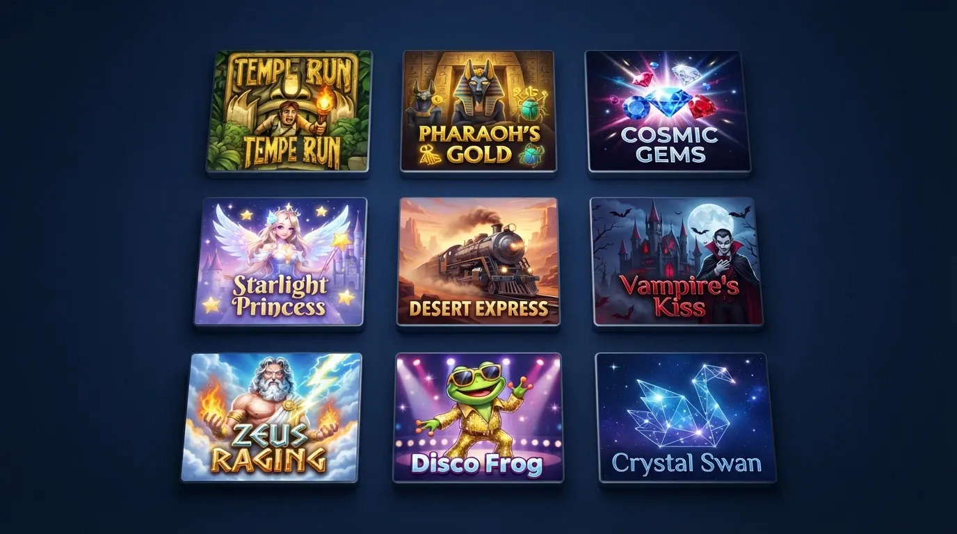 Grille de neuf pochettes de slots en ligne (Gonzo's Quest, Book of Dead, Starburst, Starlight Princess, Money Train 4, Immortal Romance, Zeus vs Hades, Elvis Frog TRUEWAYS, Cygnus 6) disposées en mosaïque