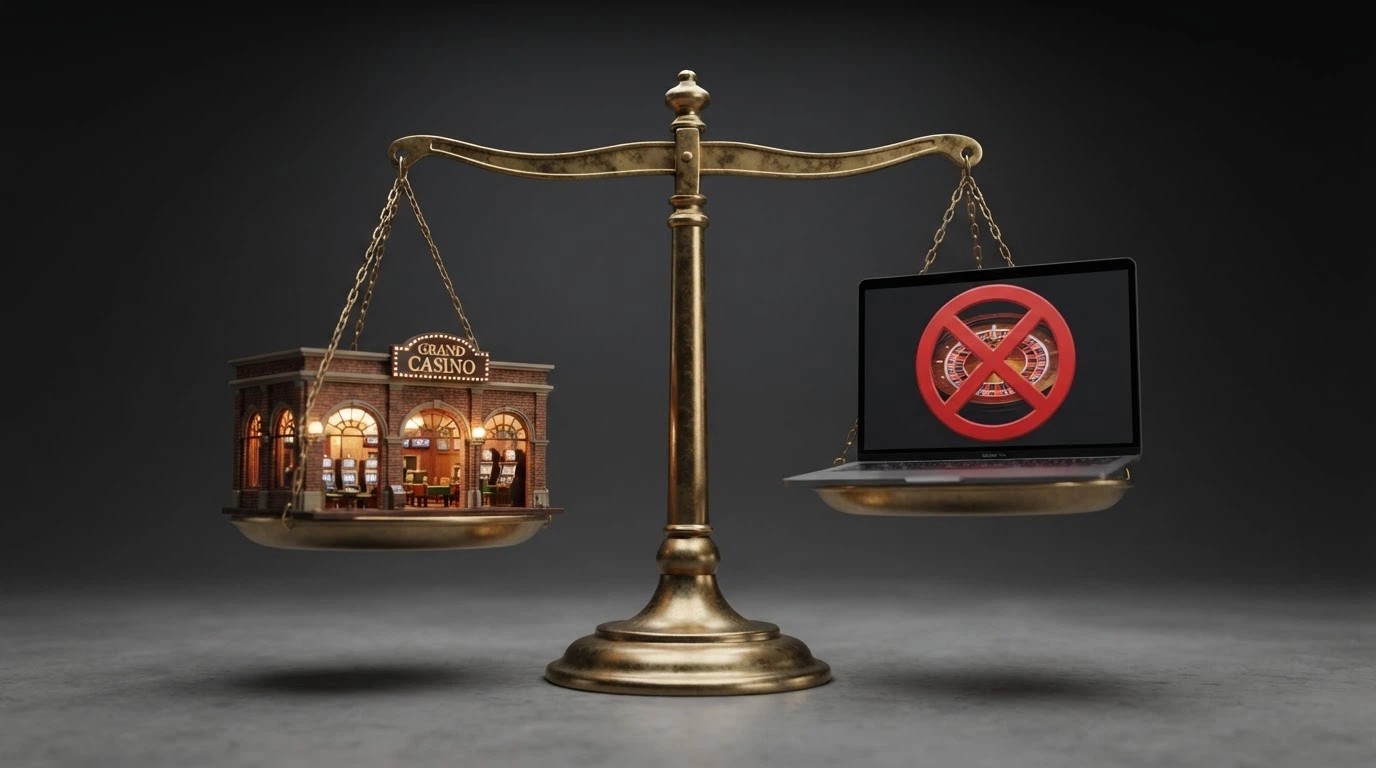 Une balance symbolique pesant d'un côté un casino terrestre avec le logo ANJ, de l'autre un écran barré d'un « non » — casino en ligne interdit