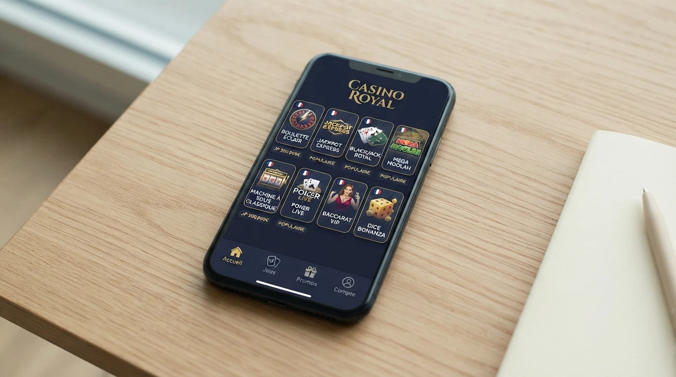 Écran d'accueil type d'une application de casino en ligne avec le lobby des jeux, la caisse et le menu principal